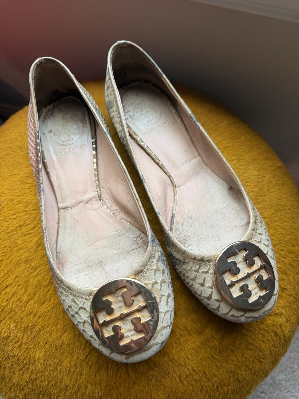 Tory Burch Beige Snakeskin-Print Reva Flats with Gold Logo